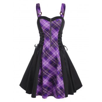 

Vintage Plaid Zip Front Lace Up Cami Gothic Dress, Purple