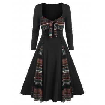 

Tribal Print Mock Button Midi Dress, Black