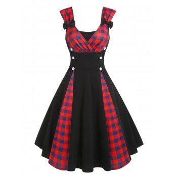 

Vintage Polka Dot Plaid Bowknot Mock Button Surplice Midi Dress, Black