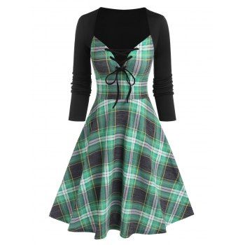 

Plaid Lace Up Flare Dress, Green