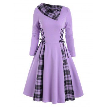 

Vintage Plaid Panel Godet Lace Up A Line Long Sleeve Dress, Light purple