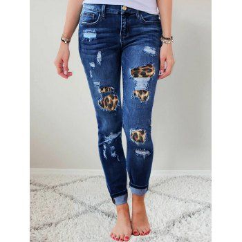 

Leopard Insert Distressed Skinny Jeans, Blue
