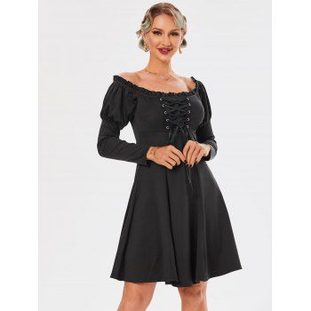 

Vintage Corset Style Lace Up Gigot Sleeve Off The Shoulder A Line Dress, Black
