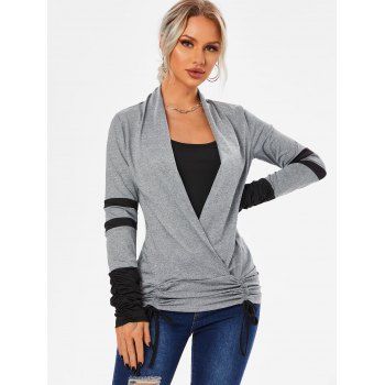 

Cinched Contrast Colorblock Striped Long Sleeves Surplice Faux Twinset T-shirt, Gray
