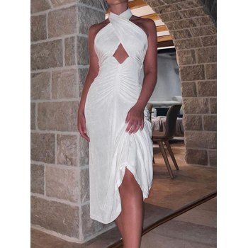

Halter Ruched Backless Sheath Prom Dress, White
