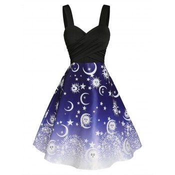 

Contrast Sun and Moon Print Crossover Knee Length A Line Dress, Multicolor a