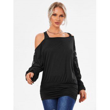 

Cold Shoulder Lace Panel Skew Neck T-shirt, Black