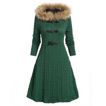 

Hooded Faux Fur Panel Buckled Sweater Dress, Deep green