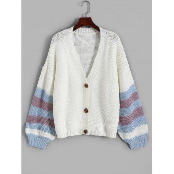 

Striped Lantern Sleeve Loose Cardigan, White