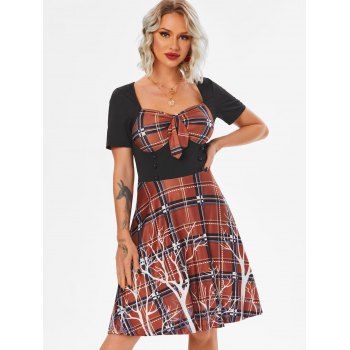 

Plaid Panel Button Sweetheart Neck Short Sleeve Dress, Black