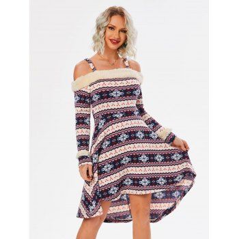 

Knitted Tribal Print Cold Shoulder High Low Dress, White