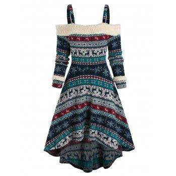 

Knitted Tribal Print Cold Shoulder High Low Dress, Deep blue