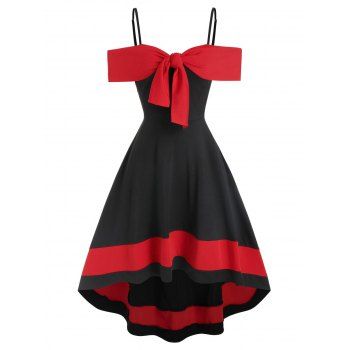 

Contrast Color Open Shoulder Bowknot Dip Hem Dress, Black