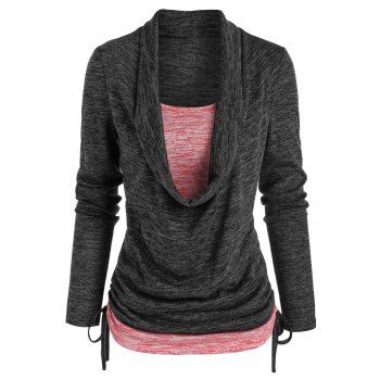 

Space Dye Print Long Sleeves Draped Cinched Faux Twinset T-shirt, Multicolor