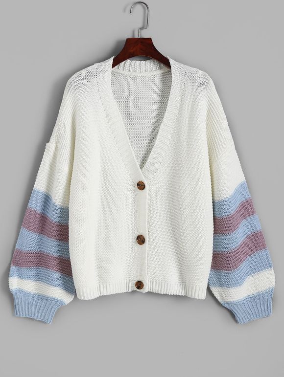 Cardigan Lâche Rayé à Manches Lanternes - Blanc L