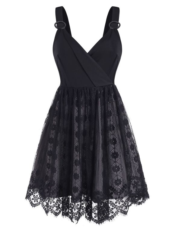 O Rings Surplice Lace Dress - BLACK S