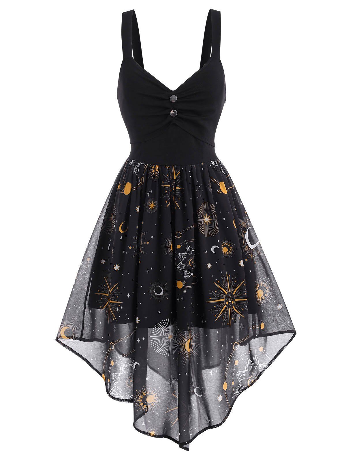 Vintage Galaxy Moon Sun Star Handkerchief Chiffon Dress - BLACK L