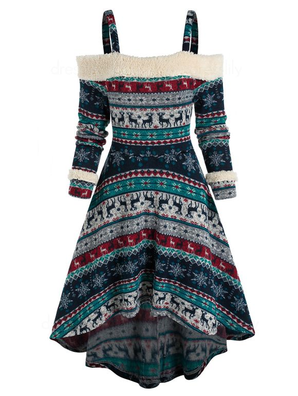 Knitted Tribal Print Cold Shoulder High Low Dress - DEEP BLUE 3XL
