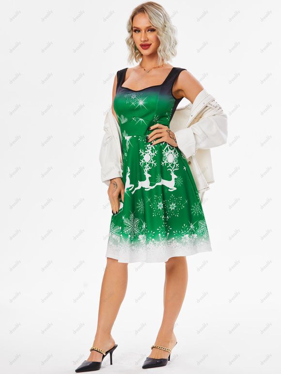 Robe de Noël Ombrée à Imprimé Flocon de Neige et Cerf - Vert Mer Moyen 2XL