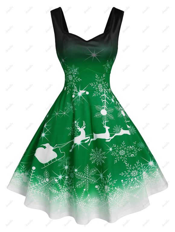 Robe de Noël Ombrée à Imprimé Flocon de Neige et Cerf - Vert Mer Moyen 2XL