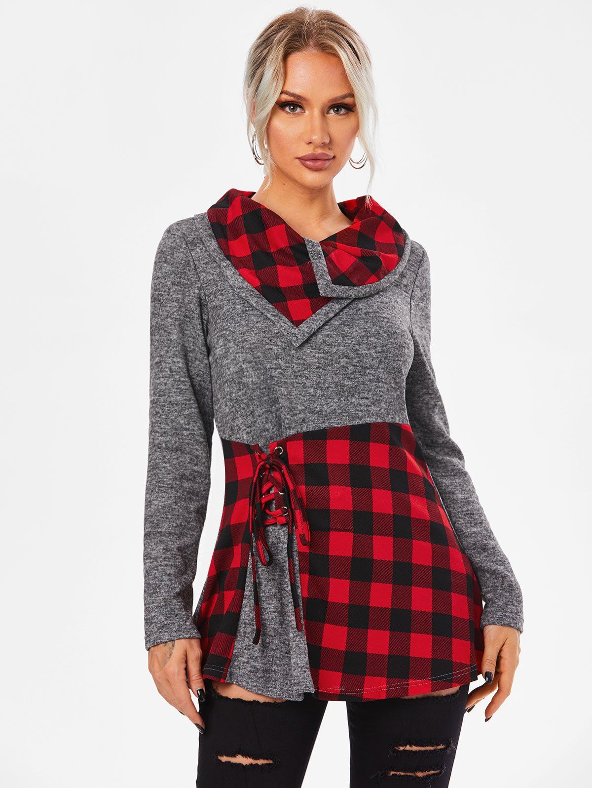 Plaid Print Lace-up 2 In 1 Sweater - GRAY L