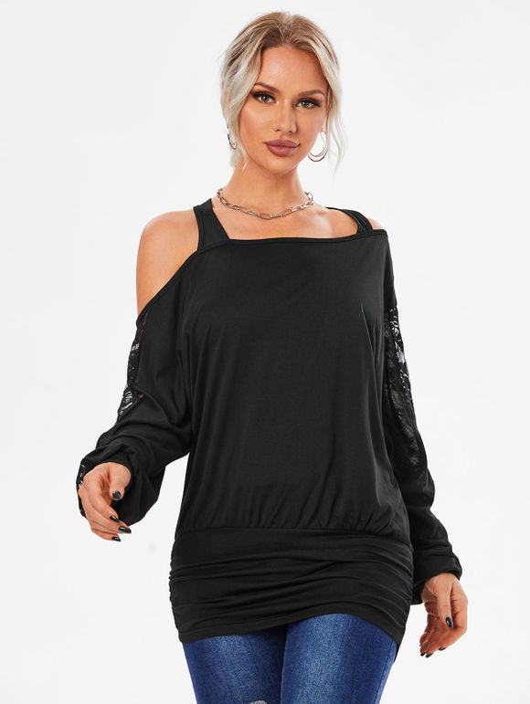 Cold Shoulder Lace Panel Skew Neck T-shirt - BLACK XXXL