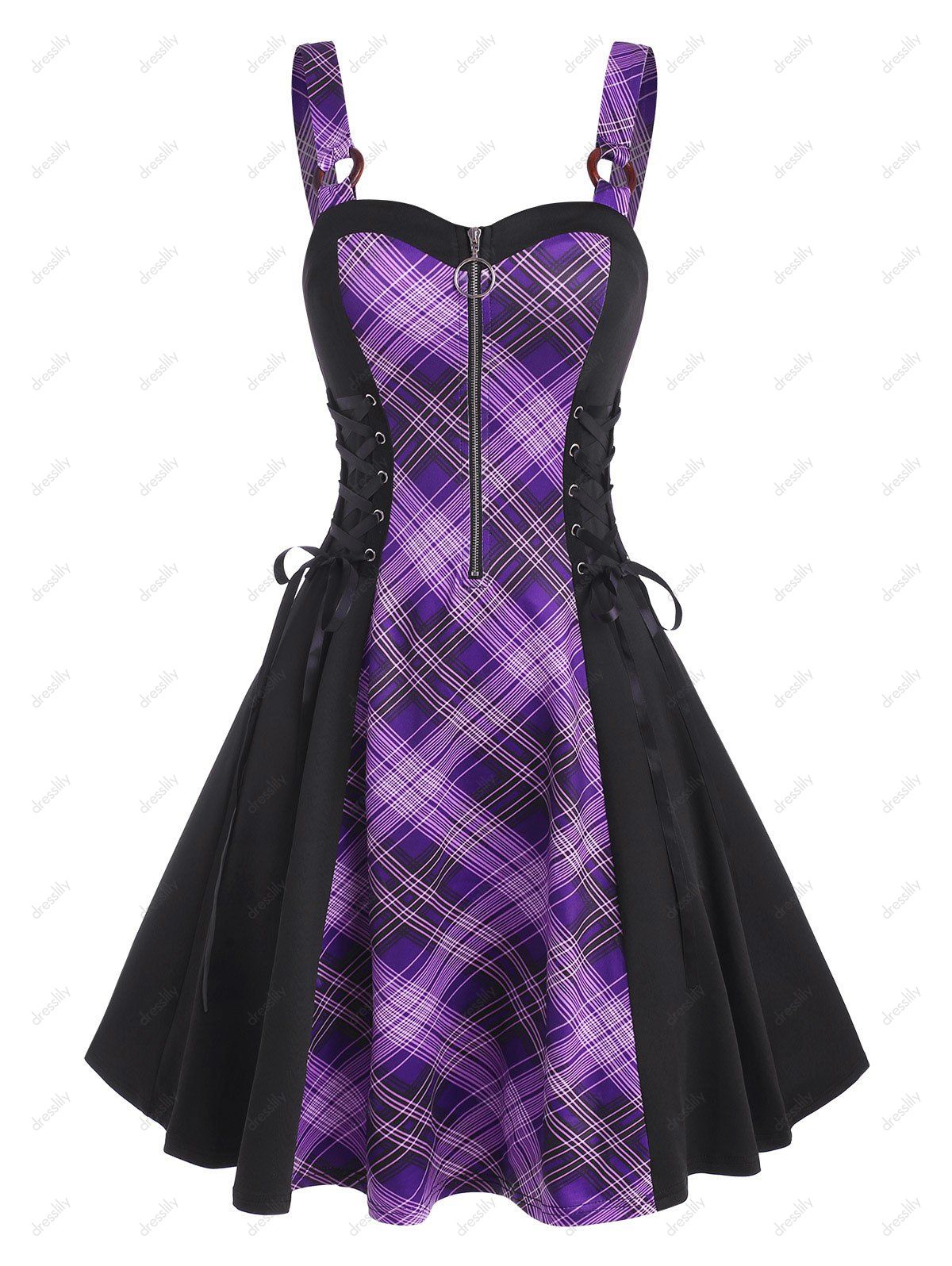 Vintage Plaid Zip Front Lace Up Cami Gothic Dress - PURPLE XXL