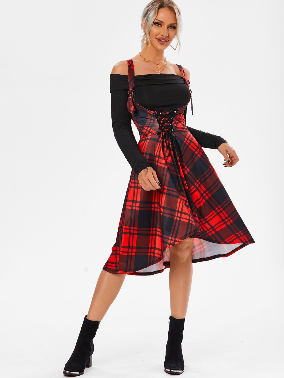 Plaid Lace Up Corset Style High Low Dress and Off Shoulder Top Set 