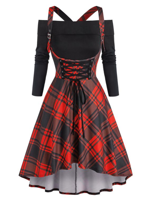 Plaid Lace Up Corset Style High Low Dress and Off Shoulder Top Set - BLACK XXL