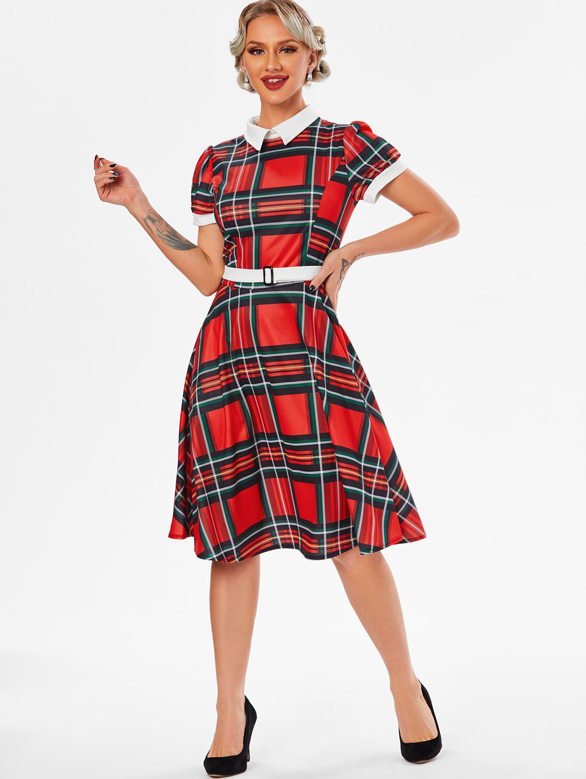 Plaid Belted Turn Down Collar Dress - RED L