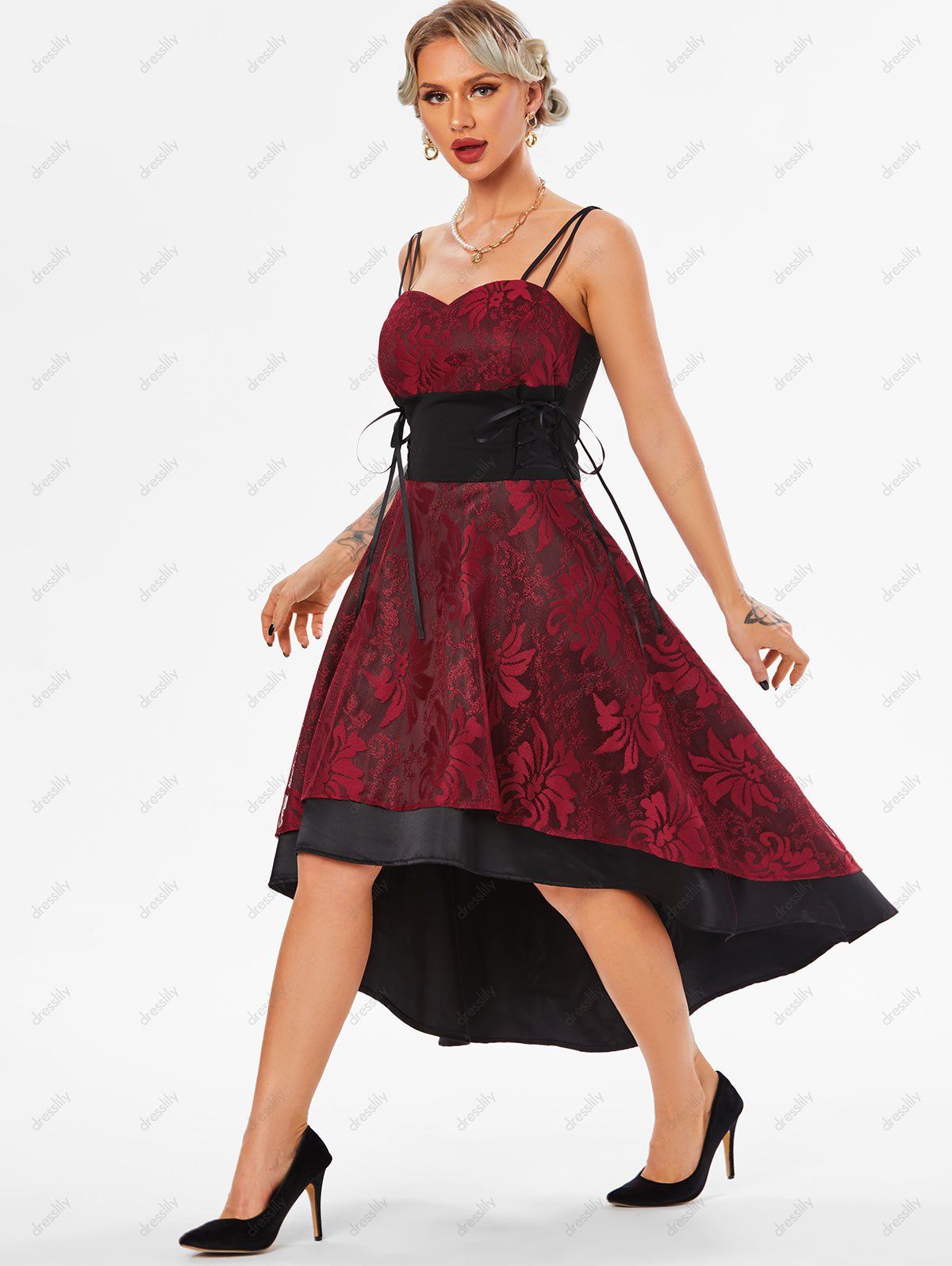 Summer Lace Up Corset Waist High Low Dress - RED WINE S