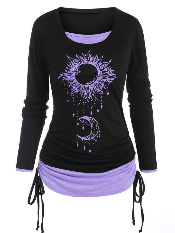 T-shirt à Imprimé Soleil et Lune 2 en 1 à Manches Longues - Violet clair L