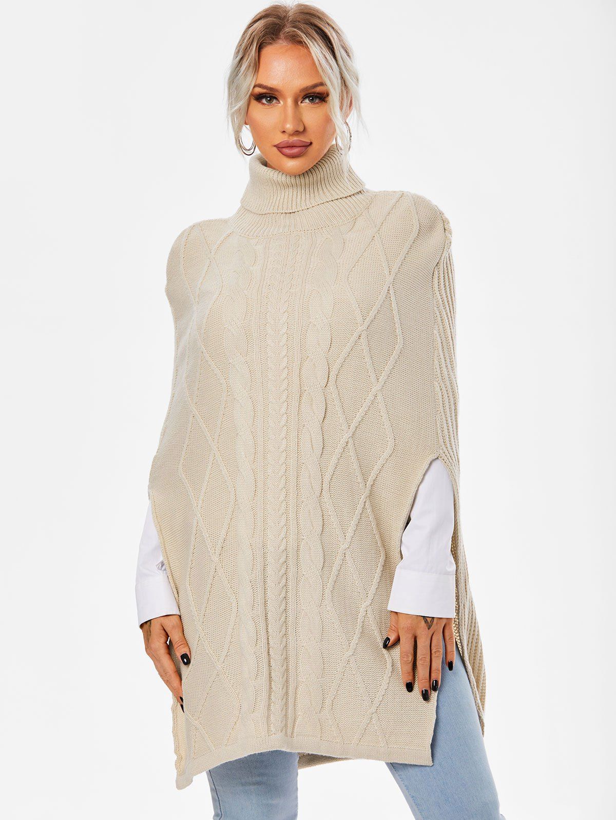 Turtleneck Side Slit Cape Sweater - WARM WHITE L
