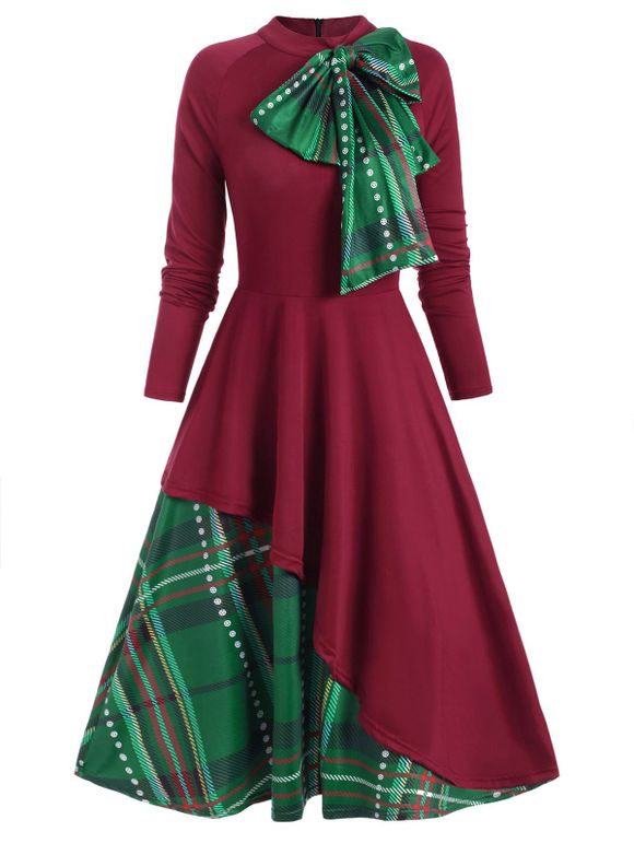 Robe de Soirée Noël Vintage Mi-longue Superposée Contrastée à Carreaux à Manches Longues avec Nœud Papillon - Rouge Vineux M