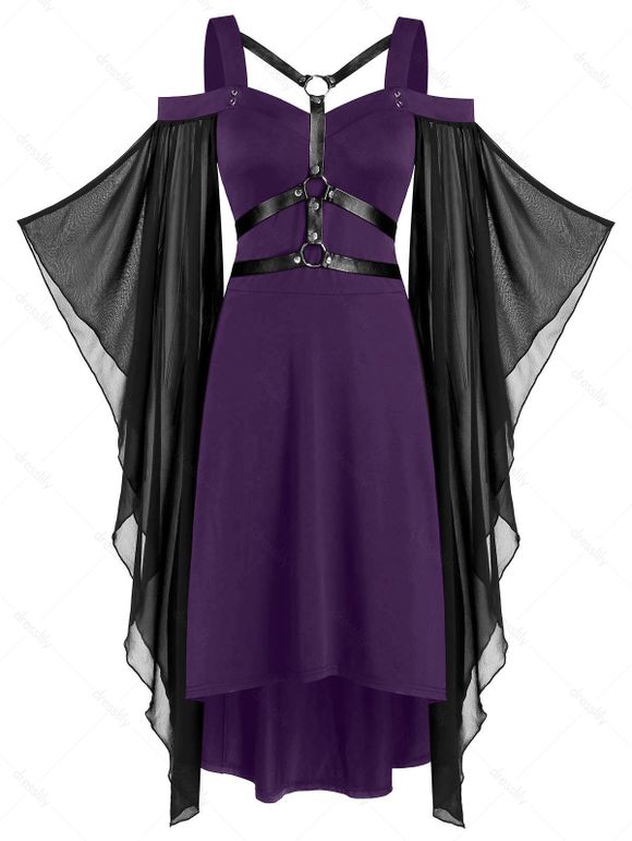Robe Vintage Gothique Harnais à Manches Evasées à Epaules Dénudées en Mousseline de Soi - Iris Pourpre 3XL