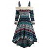 Knitted Tribal Print Cold Shoulder High Low Dress - DEEP BLUE 3XL