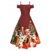 Christmas Tree Dog Print Sequined Cold Shoulder Party Dress - RED WINE L