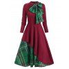 Robe Vintage Superposée Contrastée à Carreaux à Manches Longues avec Nœud Papillon - Rouge Vineux M