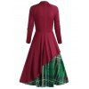 Vintage Plaid Contrast Bowknot Long Sleeves Overlay A Line Midi Dress - RED WINE S