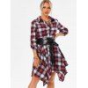 Plaid Belted Roll Up Sleeve Handkerchief Dress - multicolor S