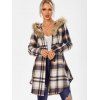 Faux-fur Trim Hooded Checked Coat - COFFEE L