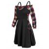 Plaid Off The Shoulder Blouse with Lace Up Dress Twinset - BLACK 2XL