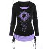 Sun Moon Print Cinched Ruched Long Sleeves 2 in 1 T Shirt - LIGHT PURPLE L