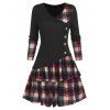 Plaid Colorblock A Line Mini Dress Asymmetric Surplice Layered Long Sleeve Button Jersey Dress - BLACK L