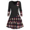 Mini Robe Asymétrique Superposée Boutonnée à Carreaux en Blocs de Couleurs en Ligne A - Noir 3XL
