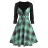 Plaid Lace Up Flare Dress - GREEN M