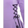 Vintage Plaid Panel Godet Lace Up A Line Long Sleeve Dress - LIGHT PURPLE S