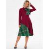 Christmas Party Dress Plaid Contrast Bowknot Long Sleeves Overlay A Line Midi Vintage Dress - RED WINE M