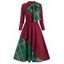 Christmas Party Dress Plaid Contrast Bowknot Long Sleeves Overlay A Line Midi Vintage Dress - RED WINE M