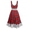 Classic Plaid Tartan Print Flounce Knot Ruffle Cami Midi Dress - RED M